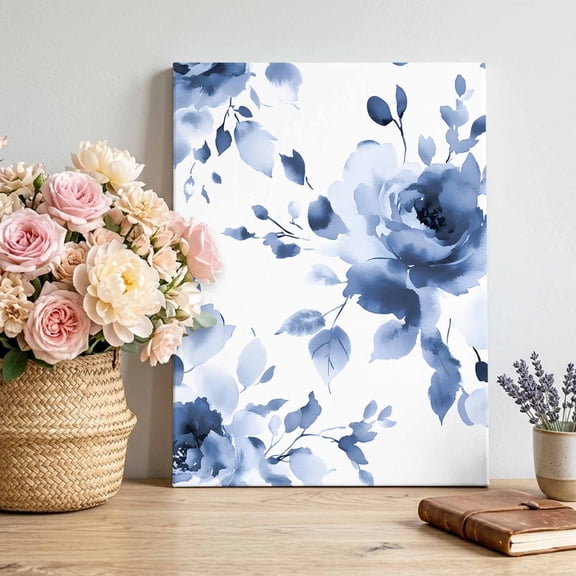 Canvas Wall Art Blue Flower Canvas Art Print Spring Watercolor Blue Floral Pastoral Retro Pictures Wall Decor for Living Room Bedroom Artwork Decorations Stretched Framed Ready to Hang 22"x28"
