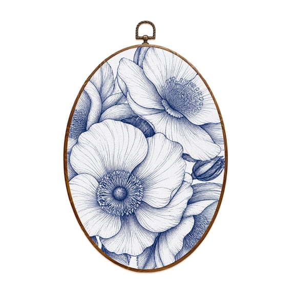 Canvas Wall Art Blue Flowers Petals Linear Patterns Repeated Motif Soft Lines Hand Oval Framed Canvas Prints Vintage Wall Hanging Decor for Home Decorations 8.6"x11.4"