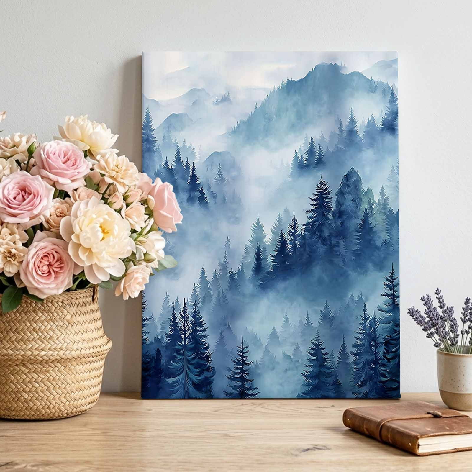 Canvas Wall Art Blue Forest Mountain Canvas Art Print Retro Watercolor ...