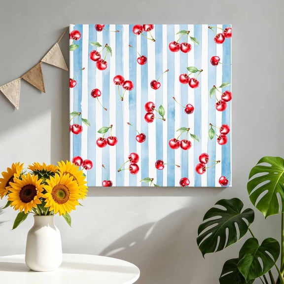 Canvas Wall Art Blue Gradient Stripes Canvas Art Print Summer Red Cherry Fruit Pictures Wall Decor for Living Room Bedroom Artwork Decorations Stretched Framed Ready to Hang 8"x8"