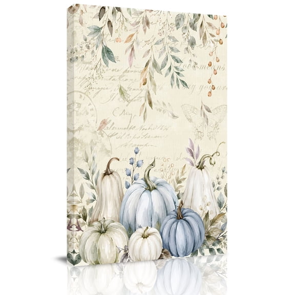 Canvas Wall Art, Blue Green Thanksgiving Framed Canvas Prints for Living Room Office, Fall Botanical Pumpkin Vintage Extra Large Gallery Wrapped Wall Decor for Home Office, Gifts, 24"x32"