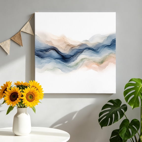 Canvas Wall Art Blue Ink Waves Canvas Art Print Apricot Navy Line Watery Strokes Coastal Zen Pictures Wall Decor for Living Room Bedroom Artwork Decorations Stretched Framed Ready to Hang 12"x12"