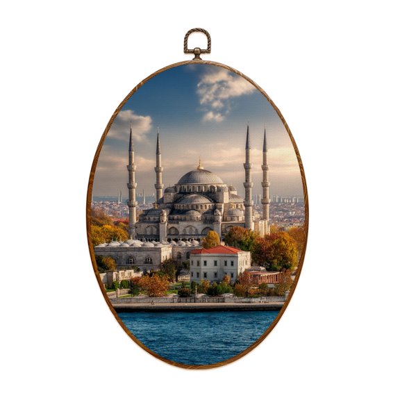 Canvas Wall Art Blue Istanbul famous place visit Turkey Oval Framed Canvas Prints Vintage Wall Hanging Decor for Home Decorations 8.6"x11.4"