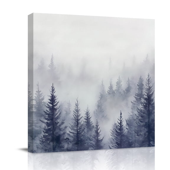 Canvas Wall Art, Blue Mist Forest Framed Canvas Prints for Bathroom Desk, Pine Larch Trees Natural Landscape Small Gallery Wrapped Wall Decor for Home Office, Gifts, 8"x8" Ship Next Day