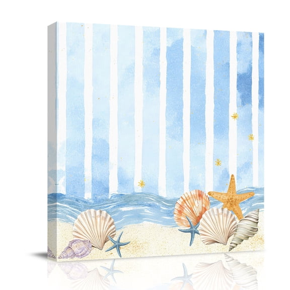 Canvas Wall Art, Blue Ocean Framed Canvas Prints for Bathroom Desk, Summer Marine Shells Couch Starfish Beach Watercolor Small Gallery Wrapped Wall Decor for Home Office, Gifts, 8"x8" Ship Next Day