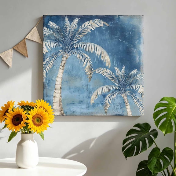 Canvas Wall Art Blue Palm Tree Canvas Art Print Tropical Plant Summer Abstract Pictures Wall Decor for Living Room Bedroom Artwork Decorations Stretched Framed Ready to Hang 16"x16"