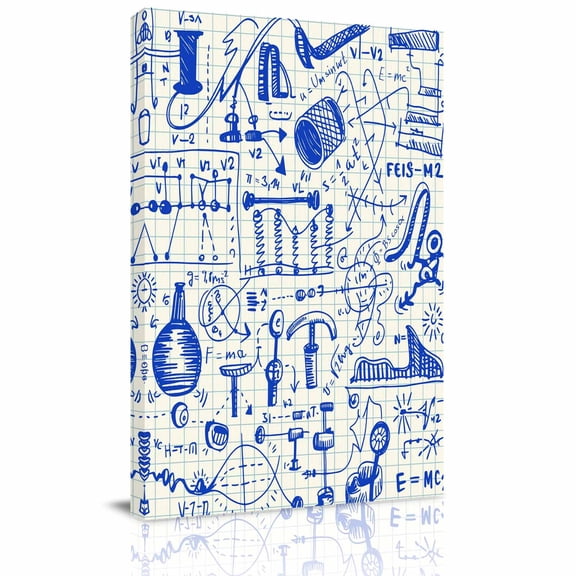 Canvas Wall Art, Blue Physics Framed Canvas Prints for Living Room Bedroom, Model Laboratory Formula Equations Plaid Gallery Wrapped Wall Decor for Home Office, Gifts, 24"x36" Ship Next Day