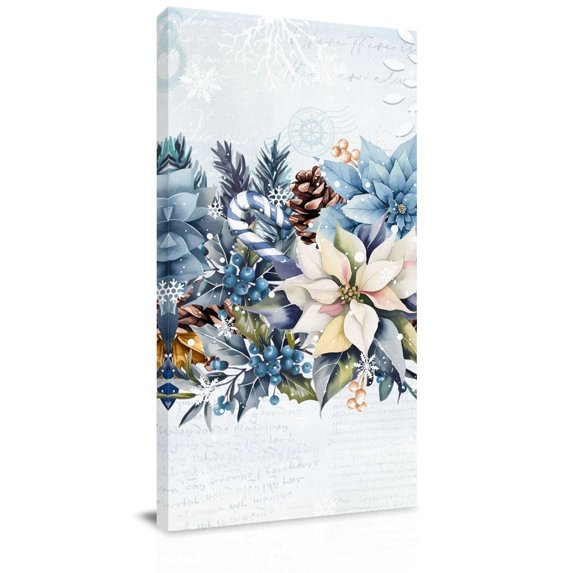 Canvas Wall Art, Blue Poinsettia Christmas Framed Canvas Prints for Hallway Bedroom, Xmas Botanical Balls Snowflake Oversized Gallery Wrapped Wall Decor for Home Office, Gifts, 24"x48" Ship Next Day
