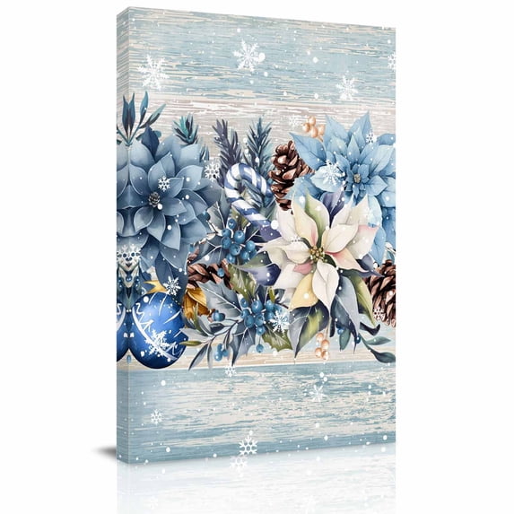 Canvas Wall Art, Blue Poinsettia Christmas Framed Canvas Prints for Kitchen Bedroom, Xmas Botanical Balls Snowflake Vintage Gallery Wrapped Wall Decor for Home Office, Gifts, 8"x12" Ship Next Day