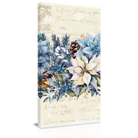 Canvas Wall Art, Blue Poinsettia Christmas Framed Canvas Prints for Living Room Bedroom, Xmas Botanical Balls Snowflake Retro Gallery Wrapped Wall Decor for Home Office, Gifts, 40"x60" Ship Next Day