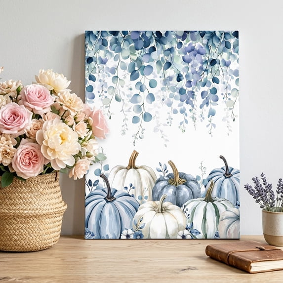 Canvas Wall Art, Blue Pumpkin Fall Framed Canvas Prints for Living Room Bedroom, Thanksgiving Eucalyptus Leaves Weeping Large Gallery Wrapped Wall Decor for Home Office, Gifts, 16"x20" Ship Next Day