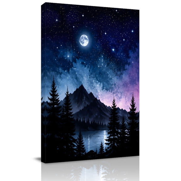 Canvas Wall Art, Blue Purple Starry Night Framed Canvas Prints for Kitchen Bedroom, Black Forest Mountain Landscape Small Gallery Wrapped Wall Decor for Home Office, Gifts, 8"x12" Ship Next Day
