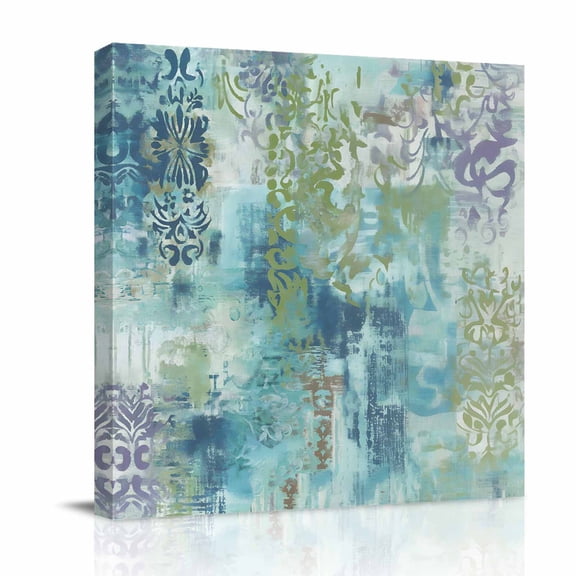 Canvas Wall Art, Blue Sage Green Boho Framed Canvas Prints for Bathroom Desk, Vintage Ethnic Tribe Abstract Art Small Gallery Wrapped Wall Decor for Home Office, Gifts, 8"x8" Ship Next Day