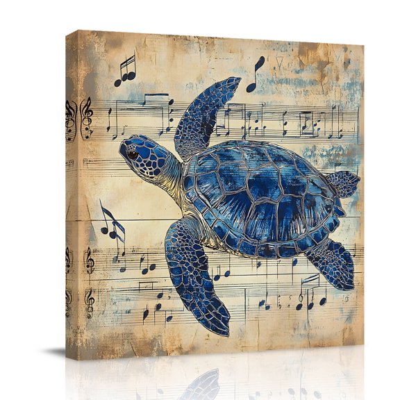 Canvas Wall Art, Blue Sea Turtle Framed Canvas Prints for Bathroom Desk, Vintage Coastal Sheet Music Small Gallery Wrapped Wall Decor for Home Office, Gifts, 8"x8" Ship Next Day