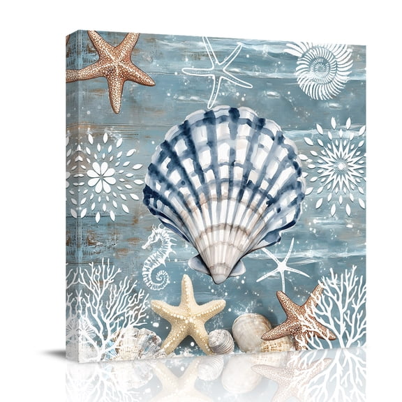 Canvas Wall Art, Blue Shell Coastal Framed Canvas Prints for Bathroom Desk, Summer Beach Nautical Starfish Coral Small Gallery Wrapped Wall Decor for Home Office, Gifts, 8"x8" Ship Next Day