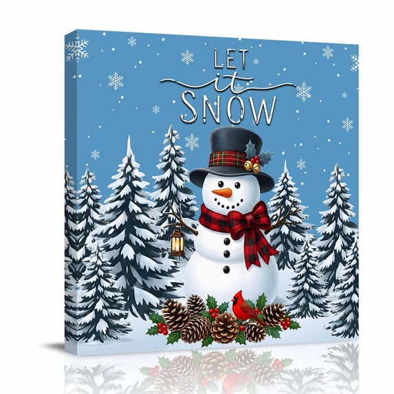 Canvas Wall Art, Blue Snowman Christmas Framed Canvas Prints for Living Room Bathroom, Xmas Pinecone Tree Snowflake Gallery Wrapped Wall Decor for Home Office, Gifts, 12"x12" Ship Next Day