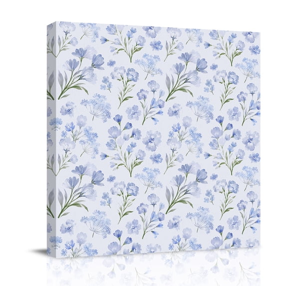Canvas Wall Art, Blue Spring Floral Framed Canvas Prints for Bedroom Office, Green Botanical Wildflower Blossoms Large Gallery Wrapped Wall Decor for Home Office, Gifts, 16"x16" Ship Next Day