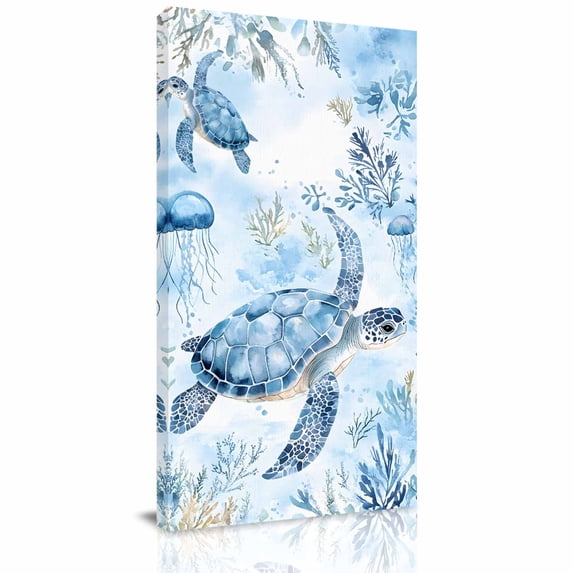Canvas Wall Art, Blue Turtle Coastal Framed Canvas Prints for Bedroom Dining Room, Coral Beach Nautical Ocean Oversized Gallery Wrapped Wall Decor for Home Office, Gifts, 20"x40" Ship Next Day