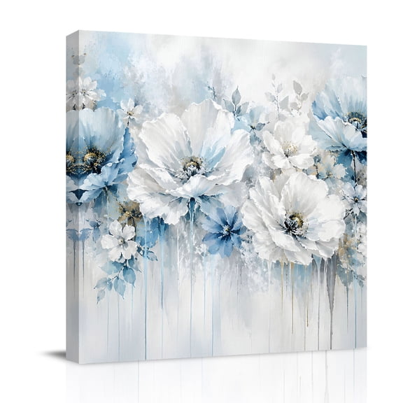 Canvas Wall Art, Blue White Floral Framed Canvas Prints for Bathroom Desk, Modern Abstract Oil Painting Flower Leaf Small Gallery Wrapped Wall Decor for Home Office, Gifts, 8"x8" Ship Next Day