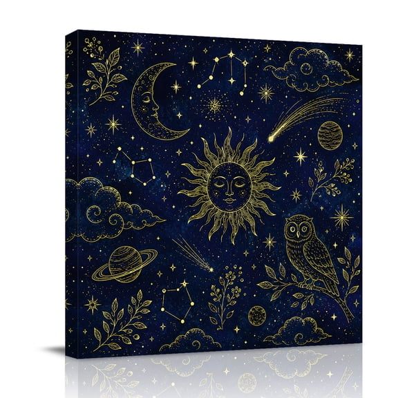 Canvas Wall Art, Blue Yellow Abstract Framed Canvas Prints for Bathroom Desk, Sun Birds Moon Star Botanical Small Gallery Wrapped Wall Decor for Home Office, Gifts, 8"x8" Ship Next Day