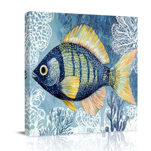 Canvas Wall Art, Blue Yellow Fish Framed Canvas Prints for Bathroom Desk, Summer Ocean Watercolor Coral Small Gallery Wrapped Wall Decor for Home Office, Gifts, 8"x8" Ship Next Day
