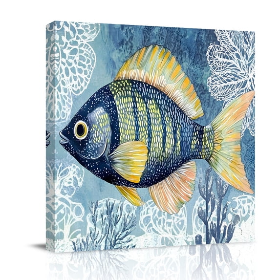 Canvas Wall Art, Blue Yellow Fish Framed Canvas Prints for Bedroom Office, Summer Ocean Watercolor Coral Large Gallery Wrapped Wall Decor for Home Office, Gifts, 16"x16" Ship Next Day