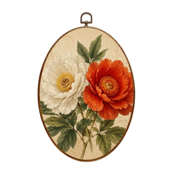 Canvas Wall Art Boho Brown Green Orange Peony Floral Vintage Flowers Red Flower White Oval Framed Canvas Prints Vintage Wall Hanging Decor for Home Decorations 8.6"x11.4"