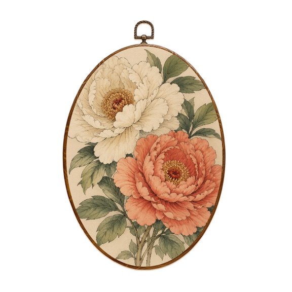 Canvas Wall Art Boho Brown Green Orange Peony Floral Vintage Peony Flowers Various Oval Framed Canvas Prints Vintage Wall Hanging Decor for Home Decorations 8.6"x11.4"