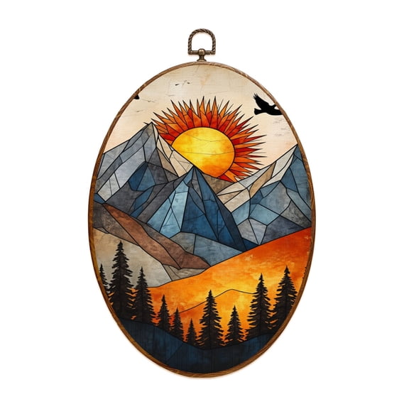 Canvas Wall Art Boho Mountain Landscape Modern Mountains Sun Trees Birds Triangles Oval Framed Canvas Prints Cottagecore Wall Hanging Decor for Home Office Gift 8.6"x11.4"