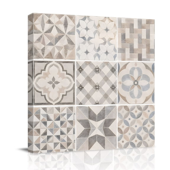 Canvas Wall Art, Boho Patchwork Framed Canvas Prints for Bathroom Desk, Modern Moroccan Abstract Geometric Plaid Small Gallery Wrapped Wall Decor for Home Office, Gifts, 8"x8" Ship Next Day