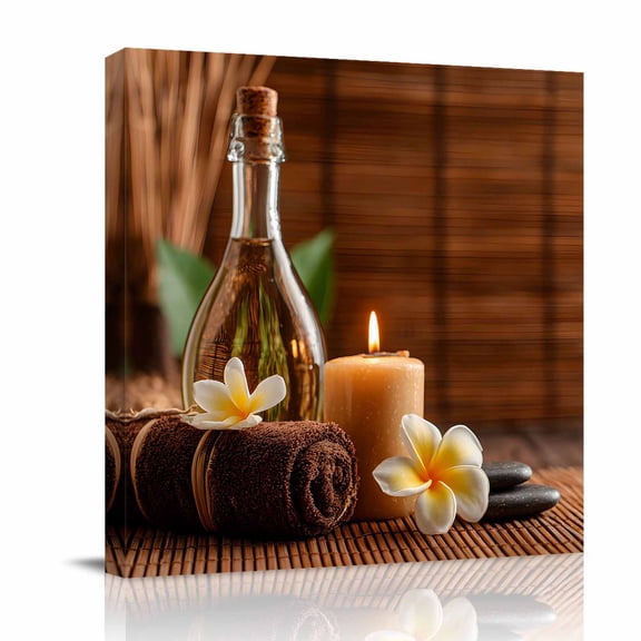 Canvas Wall Art, Boho Spa Brown Framed Canvas Prints for Bathroom Desk, Bohemia Stones Flowers Small Gallery Wrapped Wall Decor for Home Office, Gifts, 8"x8" Ship Next Day