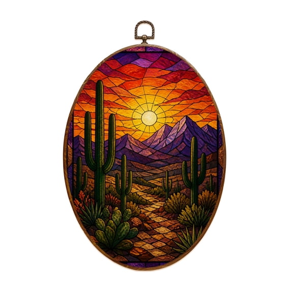 Canvas Wall Art Bold Stained Glass Desert Scene Saguaro Cacti Fiery Hues Oval Framed Canvas Prints Vintage Wall Hanging Decor for Home Decorations 8.6"x11.4"