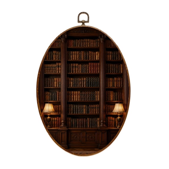 Canvas Wall Art Bookshelf Vintage Library Old Books Shelf Classical Study Room Books Oval Framed Canvas Prints Vintage Wall Hanging Decor for Home Decorations 8.6"x11.4"