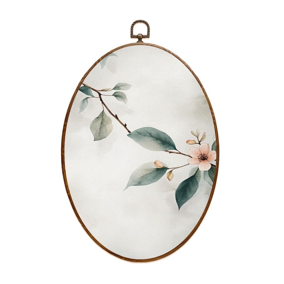 Canvas Wall Art Branches Leaves Flower Petals Buds Watercolor Technique Detailed Oval Framed Canvas Prints Vintage Wall Hanging Decor for Home Office Decorations 8.6"x11.4"