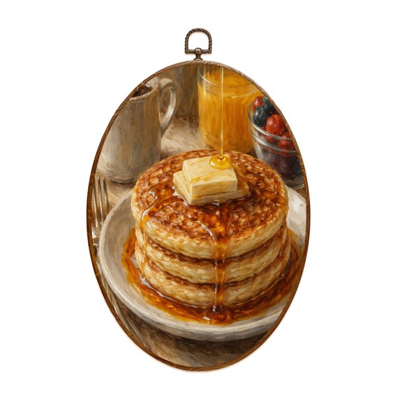 Canvas Wall Art Breakfast pancakes fresh fruit coffee orange juice Pancake Oval Framed Canvas Prints Vintage Wall Hanging Decor for Home Bathroom Decorations Gift for Mom Women 8.6"x11.4"