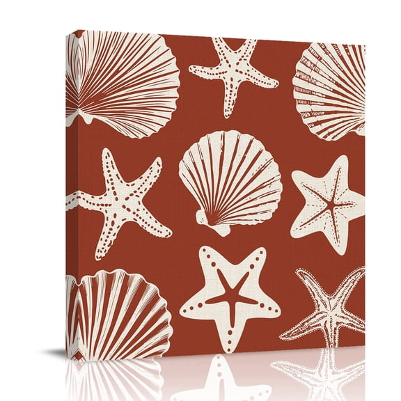 Canvas Wall Art Brick Red Coastal Canvas Art Print Starfish Shell Ocean Nautical Pictures Wall Decor for Living Room Bedroom Artwork Decorations Stretched Framed Ready to Hang 8"x8"