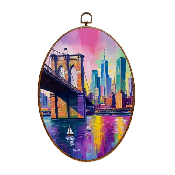 Canvas Wall Art Brooklyn Bridge Modern New York Abstract Canvas Cityscape Colorful NYC Oval Framed Canvas Prints Vintage Wall Hanging Decor for Home Office Decorations 8.6"x11.4"