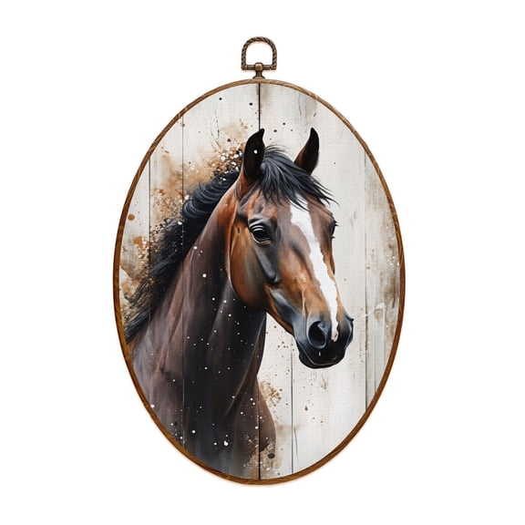 Canvas Wall Art Brown Horse Rustic Wood Plank Effect Animal Portrait Horse Portrait Oval Framed Canvas Prints Vintage Wall Hanging Decor for Home Office Nursery Family Gift 8.6"x11.4"
