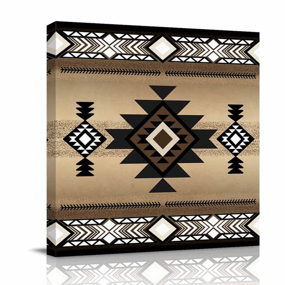 Canvas Wall Art, Brown Southwest Framed Canvas Prints for Bathroom Desk, Farmhouse Boho Aztec Geometric Neutral Small Gallery Wrapped Wall Decor for Home Office, Gifts, 8"x8" Ship Next Day