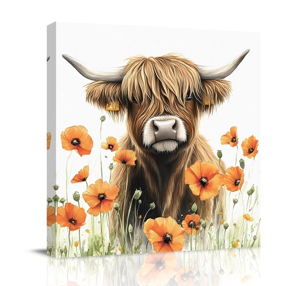 Canvas Wall Art, Brown Yak Farmhouse Framed Canvas Prints for Bathroom Desk, Spring Country Floral Botanical Small Gallery Wrapped Wall Decor for Home Office, Gifts, 8"x8" Ship Next Day