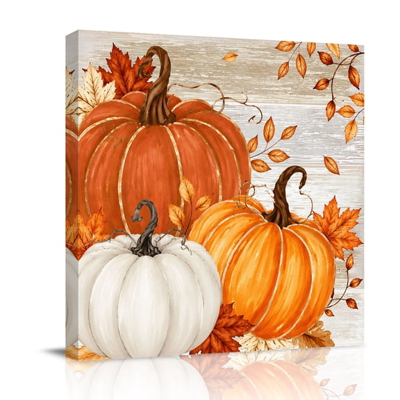 Canvas Wall Art, Burnt Orange Fall Pumpkin Framed Canvas Prints for Bathroom Desk, Thanksgiving Maple Leaves Botanical Small Gallery Wrapped Wall Decor for Home Office, Gifts, 8"x8" Ship Next Day