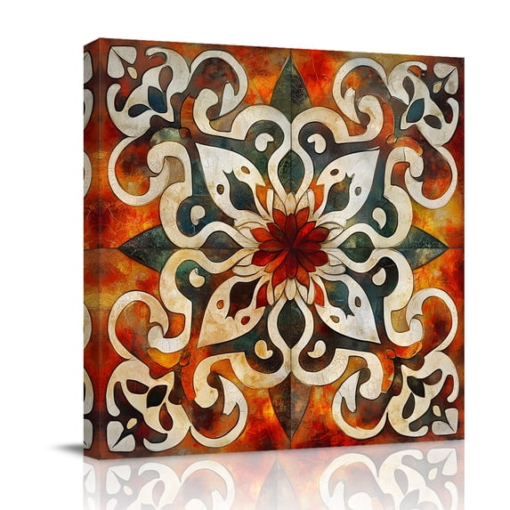 Canvas Wall Art, Burnt Orange Green Framed Canvas Prints for Bathroom Desk, Vintage Abstract Flowers Small Gallery Wrapped Wall Decor for Home Office, Gifts, 8"x8" Ship Next Day
