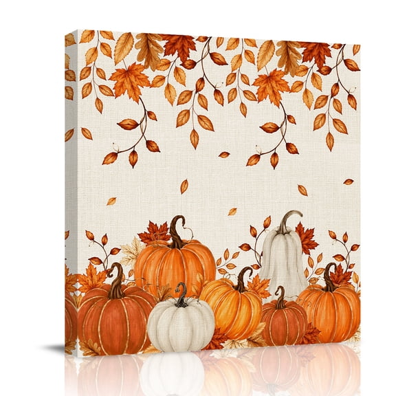 Canvas Wall Art, Burnt Orange Pumpkins Fall Framed Canvas Prints for Bathroom Desk, Thanksgiving Rustic Autumn Leaves Small Gallery Wrapped Wall Decor for Home Office, Gifts, 8"x8" Ship Next Day