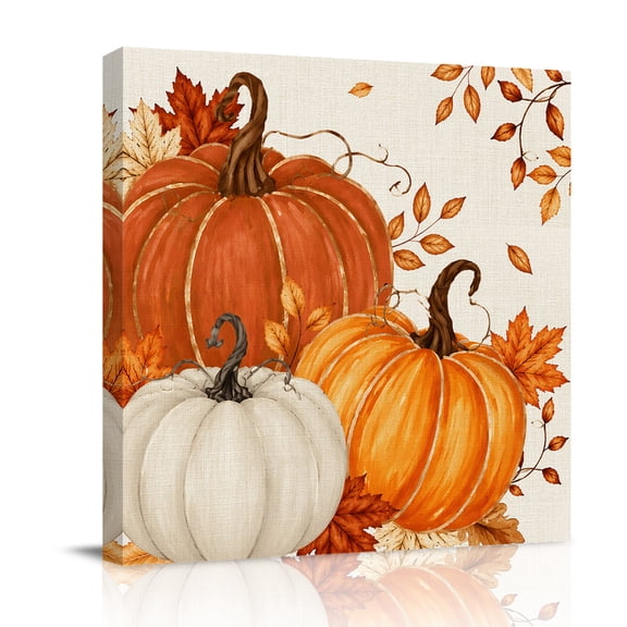 Canvas Wall Art, Burnt Orange Pumpkins Fall Framed Canvas Prints for Living Room Bathroom, Thanksgiving Maple Leaves Autumn Rustic Gallery Wrapped Wall Decor for Home Office, Gifts, 12"x12"