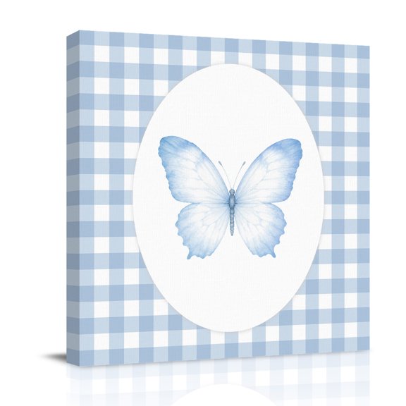 Canvas Wall Art, Butterfly Prints Framed Canvas Prints for Bathroom Desk, Country Linen Blue Checkered Plaid Small Gallery Wrapped Wall Decor for Home Office, Gifts, 8"x8" Ship Next Day