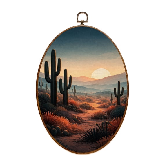 Canvas Wall Art Cactus Arizona Desert Boho Western Aztec Southwestern Cacti Mountains Oval Framed Canvas Prints Vintage Wall Hanging Decor for Home Decorations 8.6"x11.4"