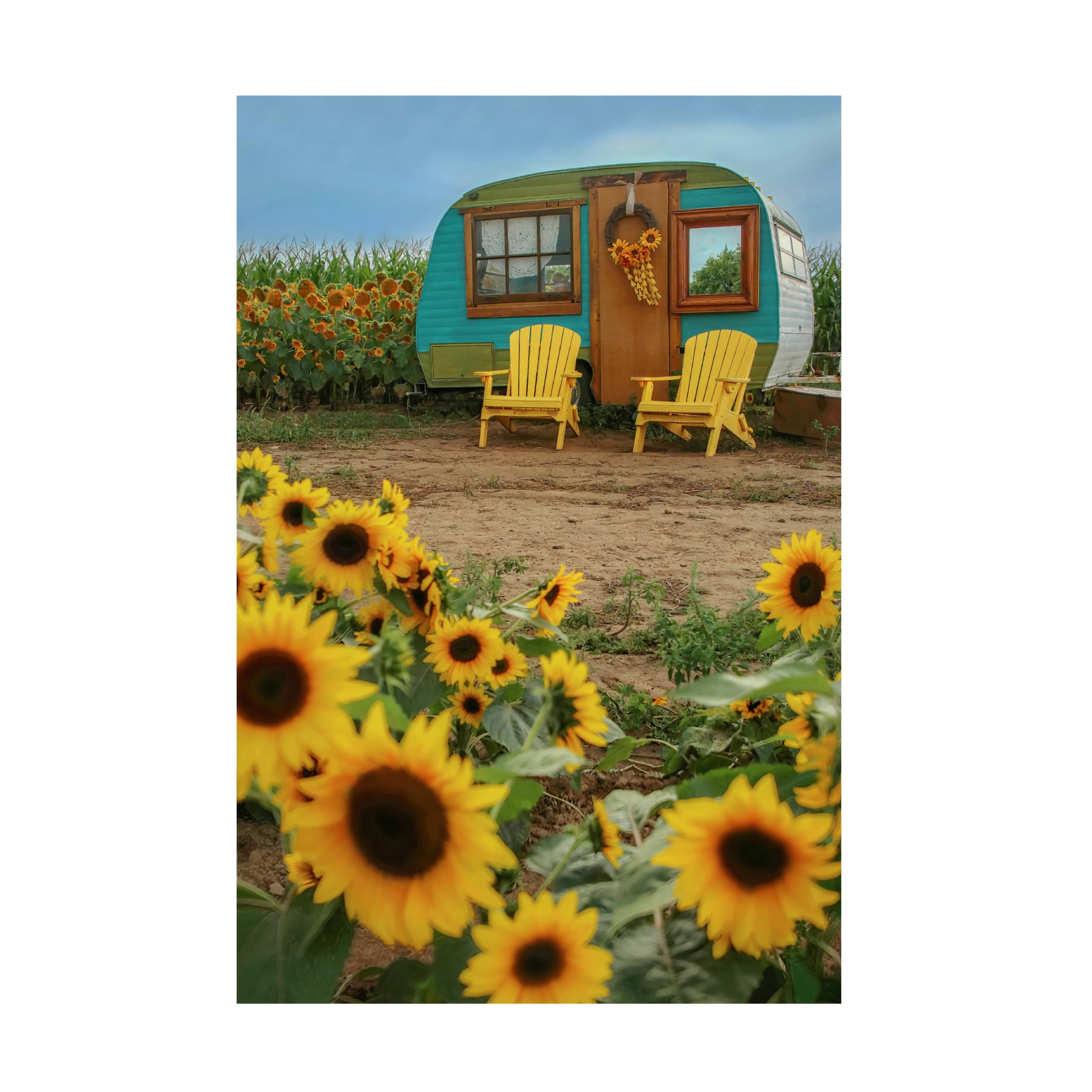 Canvas Wall Art - Carrie Ann Grippo-Pike 'Vintage Camper and Sunflowers 1' Wall Art for Living Room, Bedroom, or Office Décor by Trademark Fine Art - 30 x 47 Inches