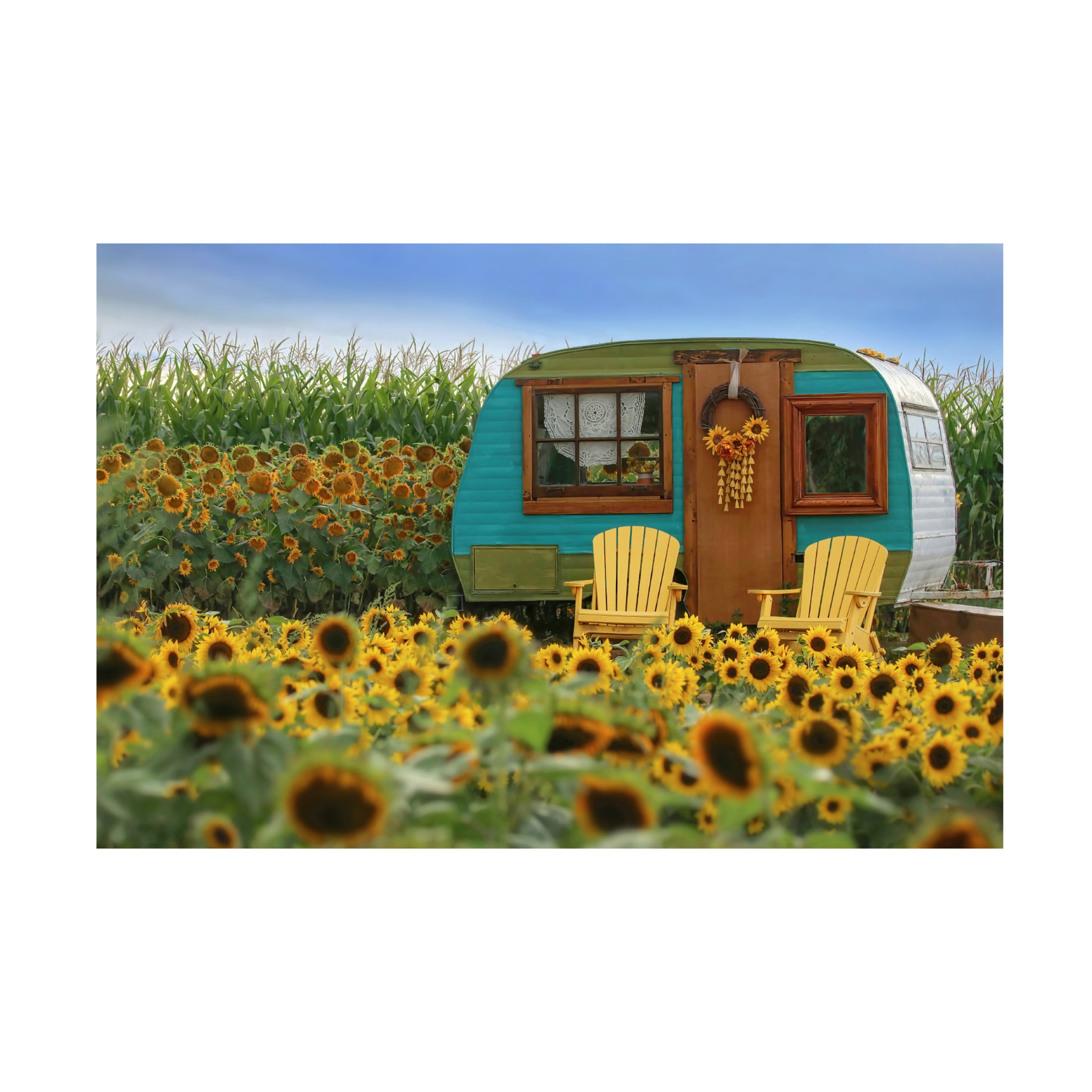 Canvas Wall Art - Carrie Ann Grippo-Pike 'Vintage Camper and Sunflowers 2' Wall Art for Living Room, Bedroom, or Office Décor by Trademark Fine Art - 47 x 30 Inches
