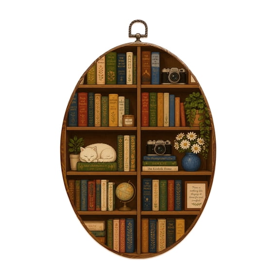 Canvas Wall Art Cat Nerd Book Lover Sleeping Bookshelf Library Academics Feline Boho Oval Framed Canvas Prints Vintage Wall Hanging Decor for Home Decorations 8.6"x11.4"