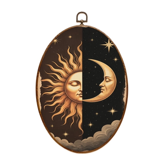 Canvas Wall Art Celestial Gothic Dark Brown Yellow Sun Moon Star Vintage Night Sky Sun Oval Framed Canvas Prints Vintage Wall Hanging Decor for Home Office Decorations 8.6"x11.4"